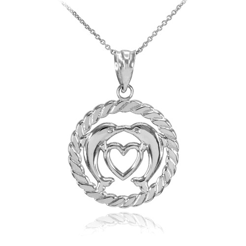 Silver Heart Kissing Dolphins in Circle Rope Pendant Necklace