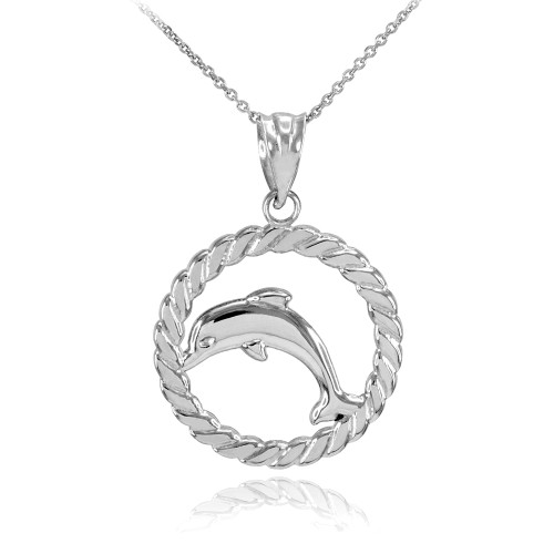 White Gold Jumping Dolphin in Circle Rope Pendant Necklace