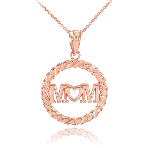 Rose Gold MOM Heart in Circle Rope Pendant Necklace