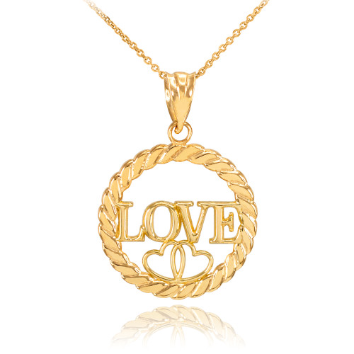 Yellow Gold LOVE Hearts in Circle Rope Pendant Necklace