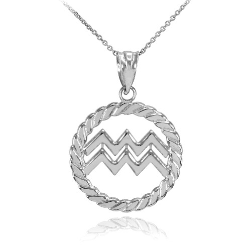 White Gold Aquarius Zodiac Sign in Circle Rope Pendant Necklace