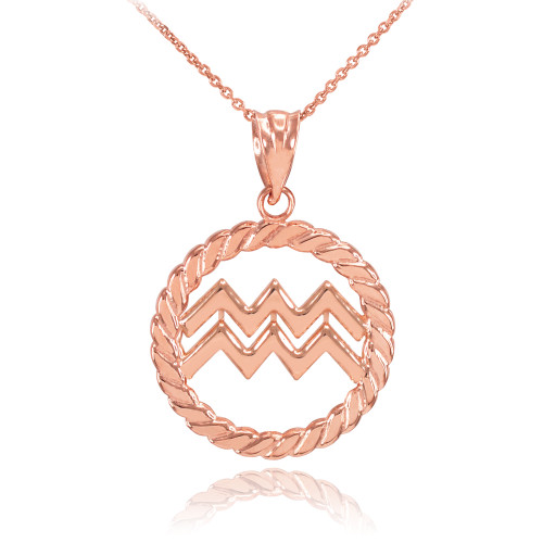 Rose Gold Aquarius Zodiac Sign in Circle Rope Pendant Necklace