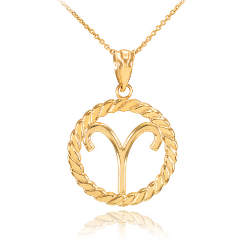Gold Aries Zodiac Sign in Circle Rope Pendant Necklace