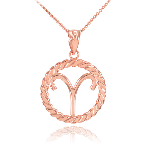 Rose Gold Aries Zodiac Sign in Circle Rope Pendant Necklace