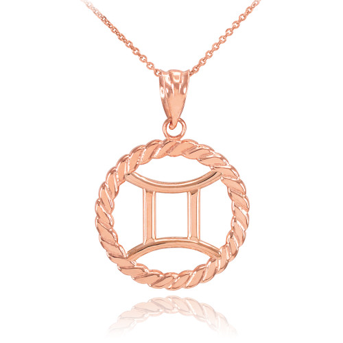 Rose Gold Gemini Zodiac Sign in Circle Rope Pendant Necklace
