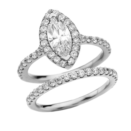 Cubic Zirconia Marquise Solitaire Elegant White Gold Engagement Wedding Ring Set