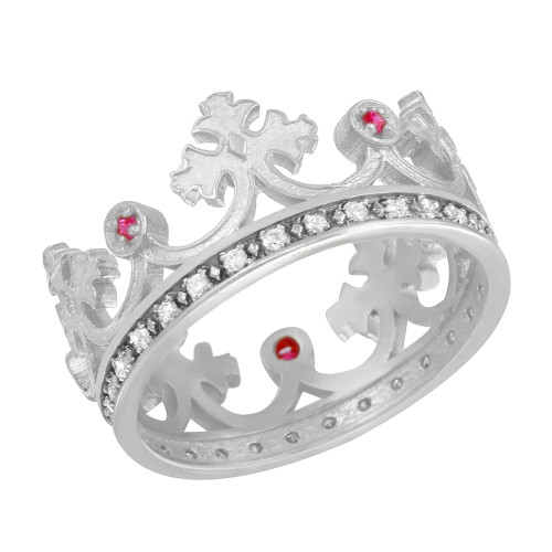 White Gold Red CZ Medieval Crown Diamond Band Women's Ring