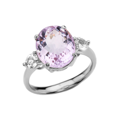 White Gold 4 Carat Pink Amethyst Modern Promise Ring With White Topaz Side-stones