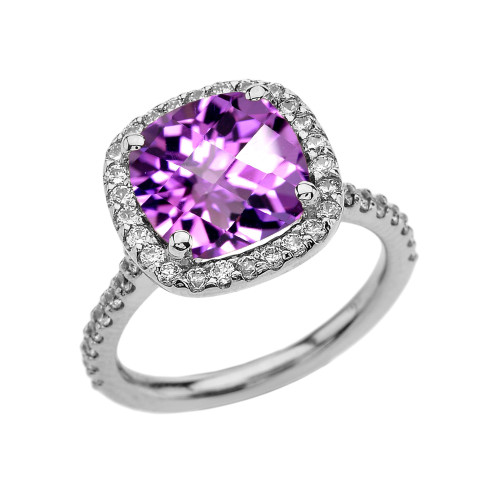 Halo Cushion 5 Ct Checkerboard Amethyst(LCA) and Diamond White Gold Engagement and Proposal/Promise Ring