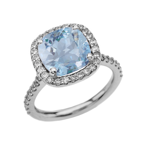 Halo Cushion 4 Ct Checkerboard Aquamarine(LCA) and Diamond White Gold Engagement and Proposal/Promise Ring