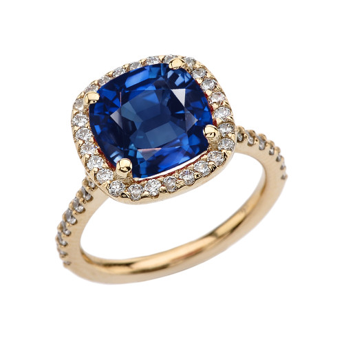 Halo Cushion 4 Ct Checkerboard Sapphire(LCS) and Diamond Yellow Gold Engagement and Proposal/Promise Ring