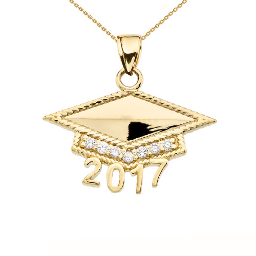 Yellow Gold  Class of 2017 Graduation Cap with Cubic Zirconia Pendant Necklace