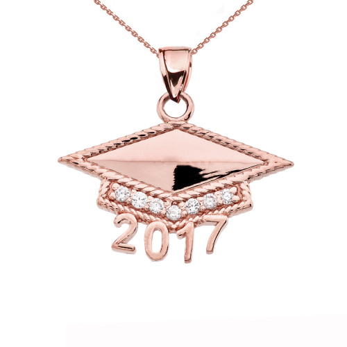 Rose Gold  Class of 2017 Graduation Cap with Diamond Pendant Necklace