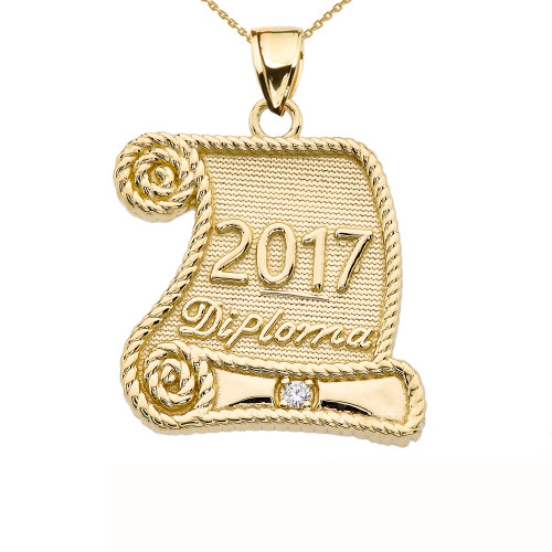 Yellow Gold Class of 2017 Graduation Diploma With Cubic Zirconia Pendant Necklace