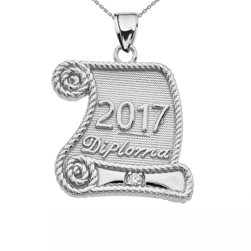 White Gold Class of 2017 Graduation Diploma With Diamond Pendant Necklace