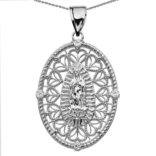 White Gold Our Lady of Guadalupe Pendant Necklace With Cubic Zirconia Side Stones