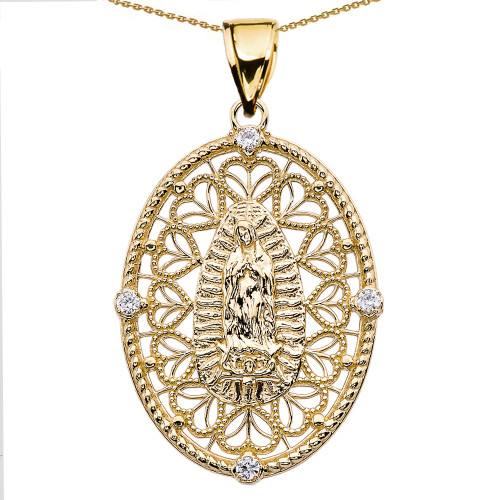 Yellow Gold Our Lady of Guadalupe Pendant Necklace With Diamond Side Stones