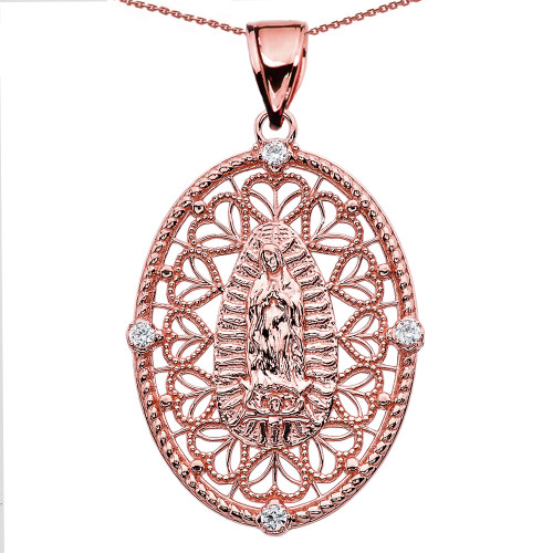 Rose Gold Our Lady of Guadalupe Pendant Necklace With Diamond Side Stones