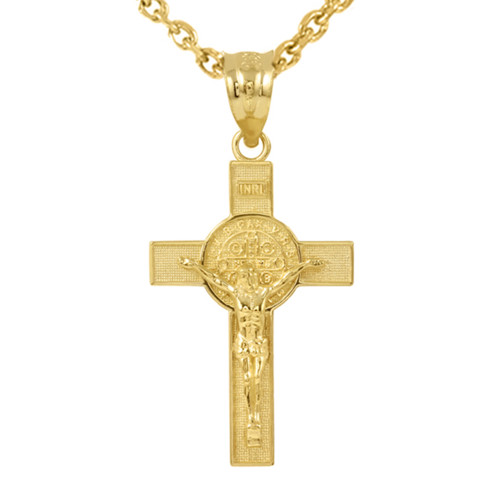 Yellow Gold St. Benedict Crucifix Pendant Necklace (1.60")