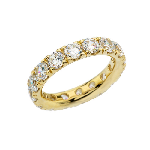 4mm Comfort Fit Yellow Gold Eternity Band With 5 ct White Topaz