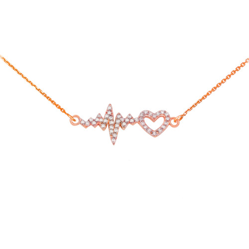 14K Rose Gold Lifeline Pulse Heartbeat Heart Diamond Pendant Necklace