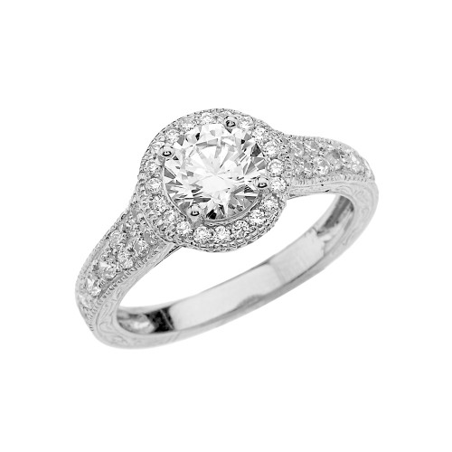 White Gold Art Deco Diamond Engagement Ring With 1 ct White Topaz Center Stone