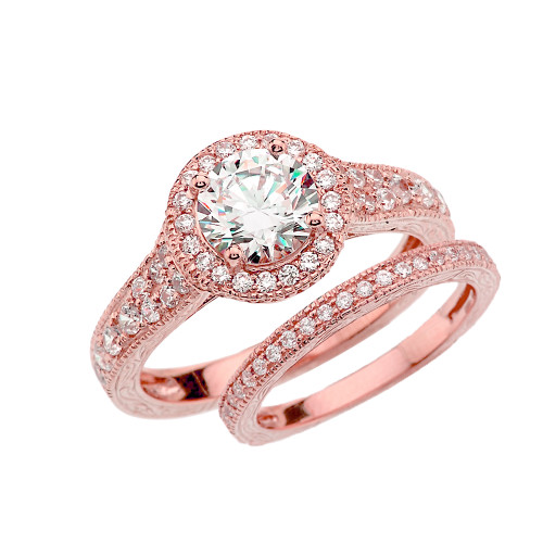 Rose Gold Art Deco Wedding Ring Set With Cubic Zirconia