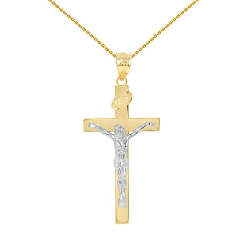 Two Tone Yellow Gold and White Gold Jesus Crucifix Cross Pendant Necklace ( 1.60")