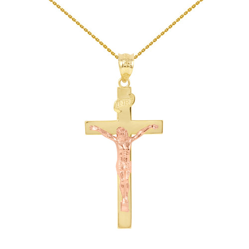 Two Tone Rose Gold and Yellow Gold Jesus Crucifix Cross Pendant Necklace ( 1.60")