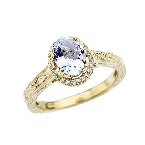 Yellow Gold Art Deco Halo Diamond With Aquamarine Engagement/Proposal Ring