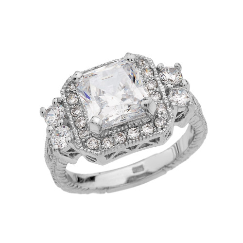 White Gold Princess Cut Diamond Halo Bridal Ring With Center Stone Cubic Zirconia