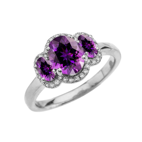 White Gold Tree Stone Halo Diamond Proposal Ring With February Birthstone