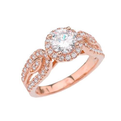Rose Gold Elegant Diamond Halo Engagement/Proposal Ring With White Topaz Center Stone