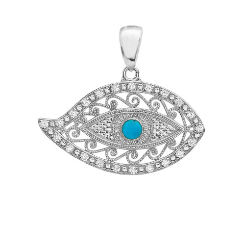 White Gold Evil Eye Cubic Zirconia Pendant Necklace With Turquoise Center Stone