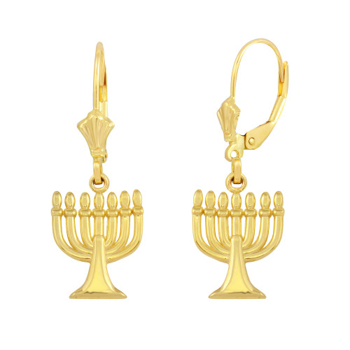 14K Yellow Gold Israel Jewish Hanukkah Menorah Earring Set