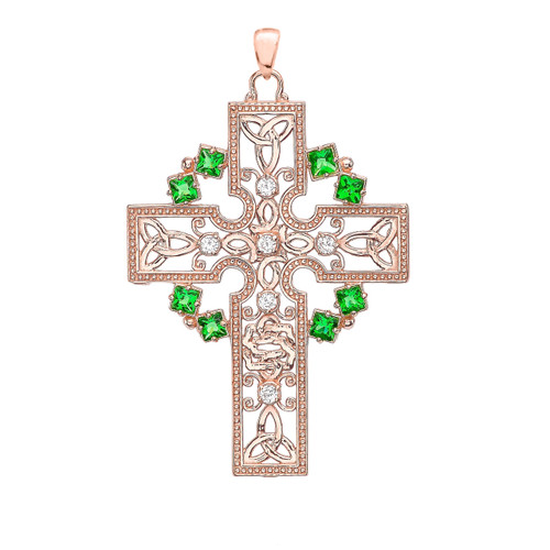 Rose Gold Fancy Celtic Gemstone and Diamond Cross Pendant Necklace