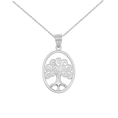 White Gold Tree of Life Filigree Swirl Celtic Pendant Necklace