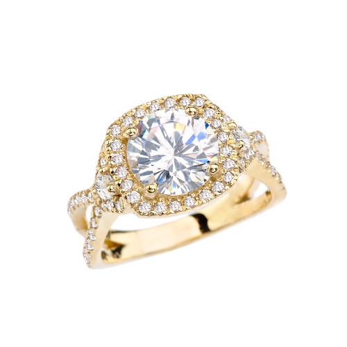 Yellow Gold Twisted Halo Diamond Engagement/Proposal Ring With 3 Ct Cubic Zirconia Center Stone