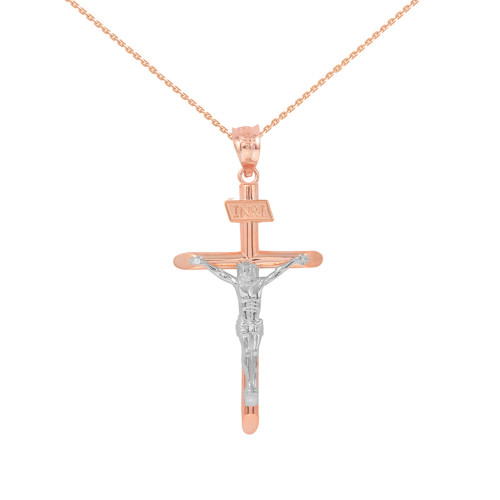 Solid Two Tone Rose Gold and White Gold INRI Cross Pendant Necklace ( 1.60")