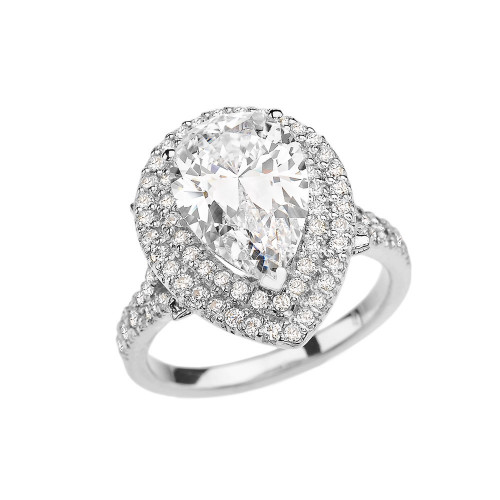 White Gold Double Raw Diamond Engagement/Proposal Ring With 7 Ct Pear Cut Cubic Zirconia Center Stone