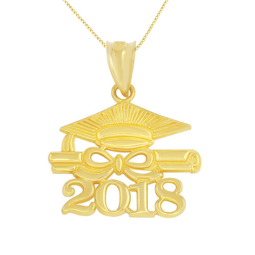 Solid Yellow Gold Class of 2018 Graduation Diploma & Cap Pendant Necklace