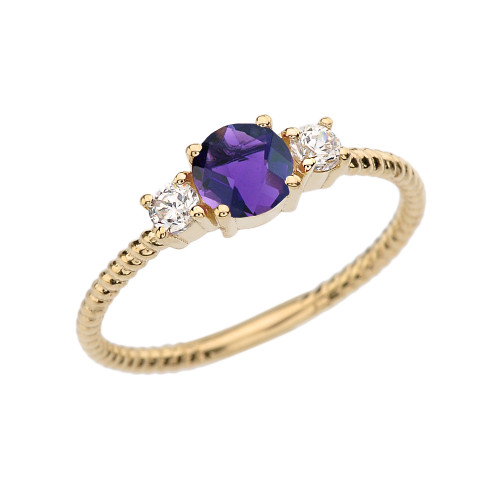 Dainty Yellow Gold Amethyst and White Topaz Rope Design Engagement/Promise Ring