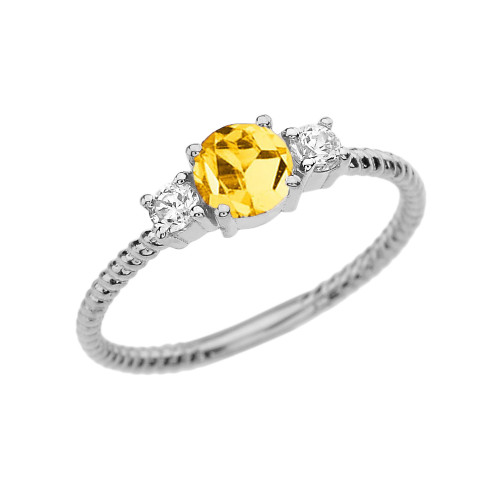 Dainty White Gold Citrine and White Topaz Rope Design Engagement/Promise Ring