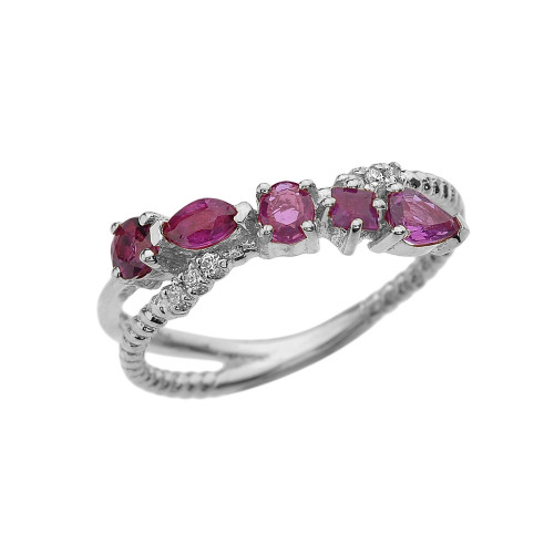 White Gold Criss-Cross Waterfall Mix Color Genuine Rubies and Diamonds Designer Ring
