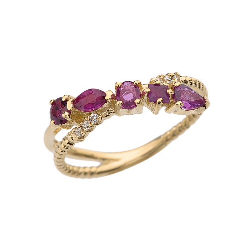 Yellow Gold Criss-Cross Waterfall Mix Color Genuine Rubies and Diamonds Designer Ring