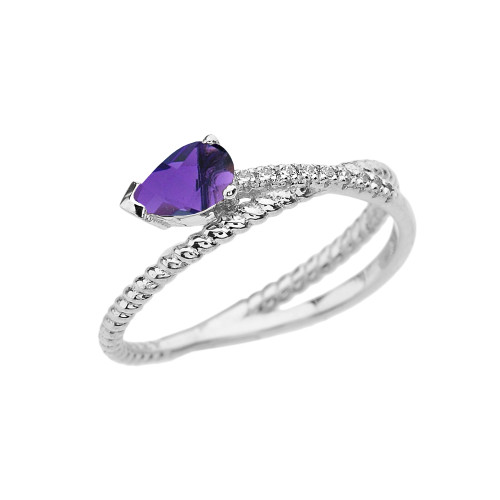 White Gold Criss-Cross Amethyst Rope and Diamonds Designer Ring