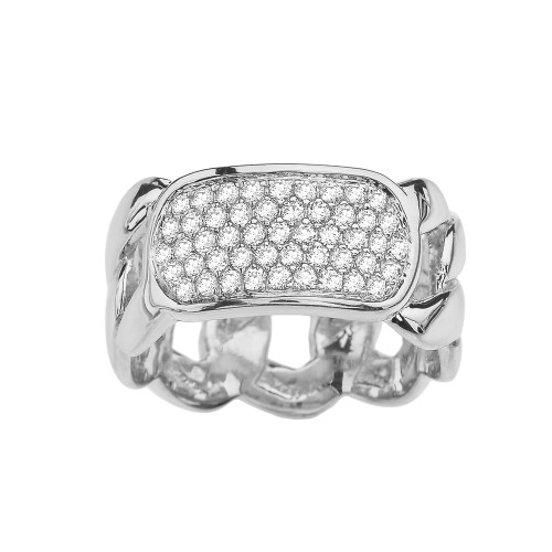 White Gold Personalized ID Cuban Link Ring With Cubic Zirconia