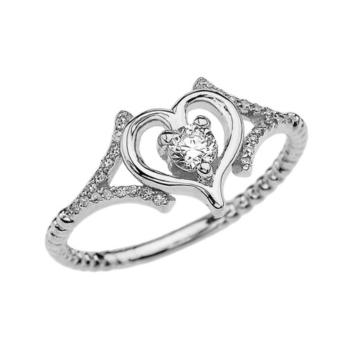 White Gold Dainty Open Heart Diamond Solitaire Rope Design Engagement/Proposal Ring