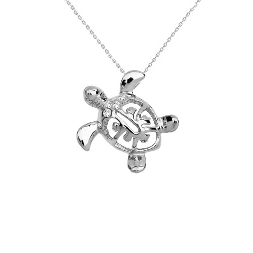 Sterling Silver Diamond Hawaiian Lucky Charm Honu Turtle Hidden Bail Pendant Necklace