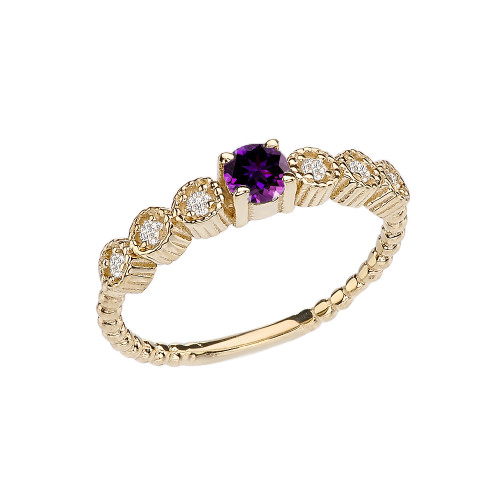 Diamond and Amethyst Yellow Gold Stackable/Promise Beaded Popcorn Collection Ring